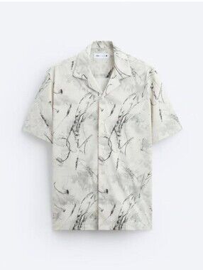 EUC•ZARA Men's Abstract Ink Print Camp Collar Short Sleeve Shirt•Reg Fit•MED◼️⬜